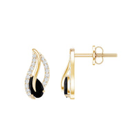 Pear-shaped black spinel and diamond leaf stud earrings by Rosec Jewels featuring elegant gemstone and metal detailing.