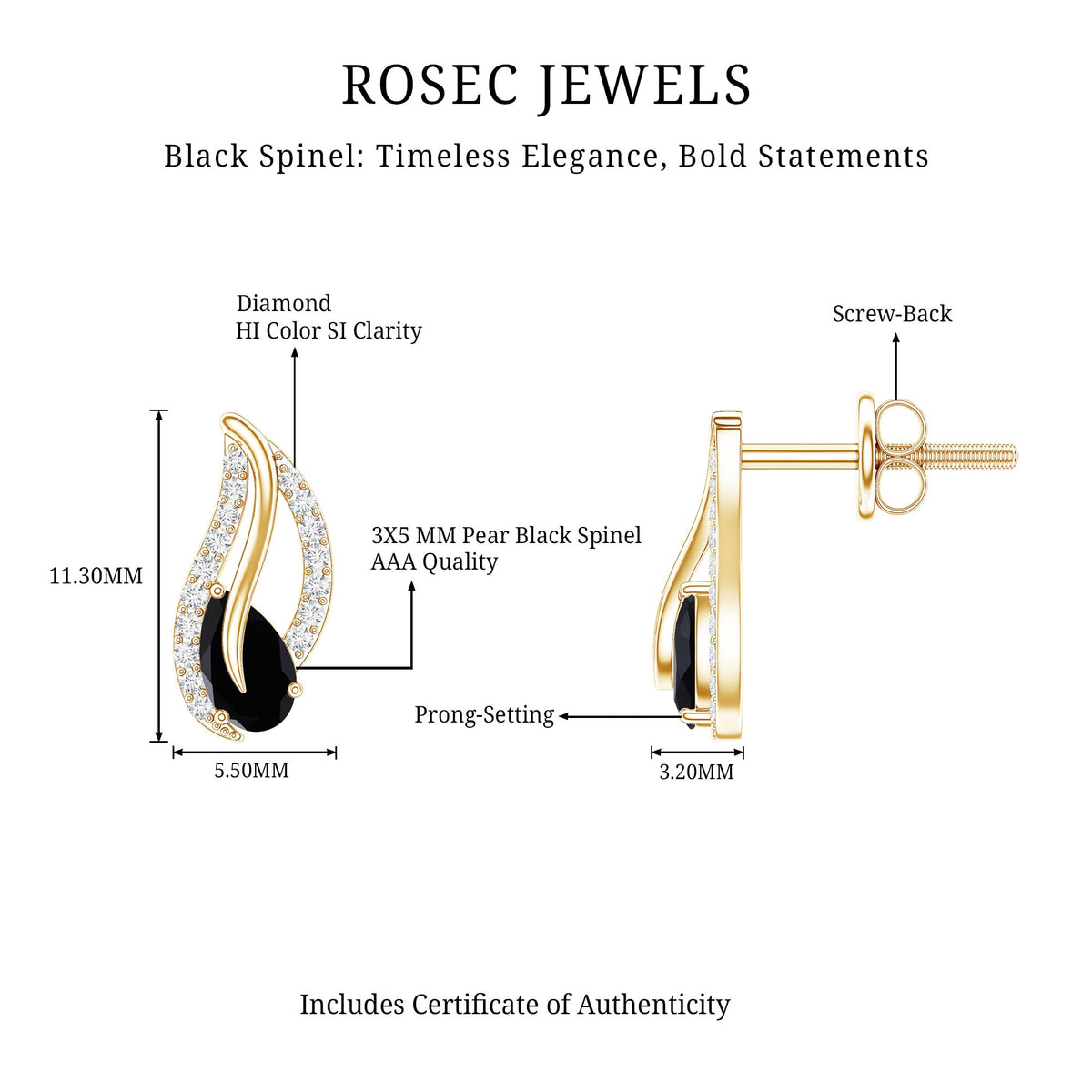 Pear-shaped black spinel and diamond leaf stud earrings by Rosec Jewels featuring elegant gemstone and metal details.