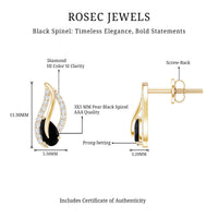 Pear-shaped black spinel and diamond leaf stud earrings by Rosec Jewels featuring elegant gemstone and metal details.