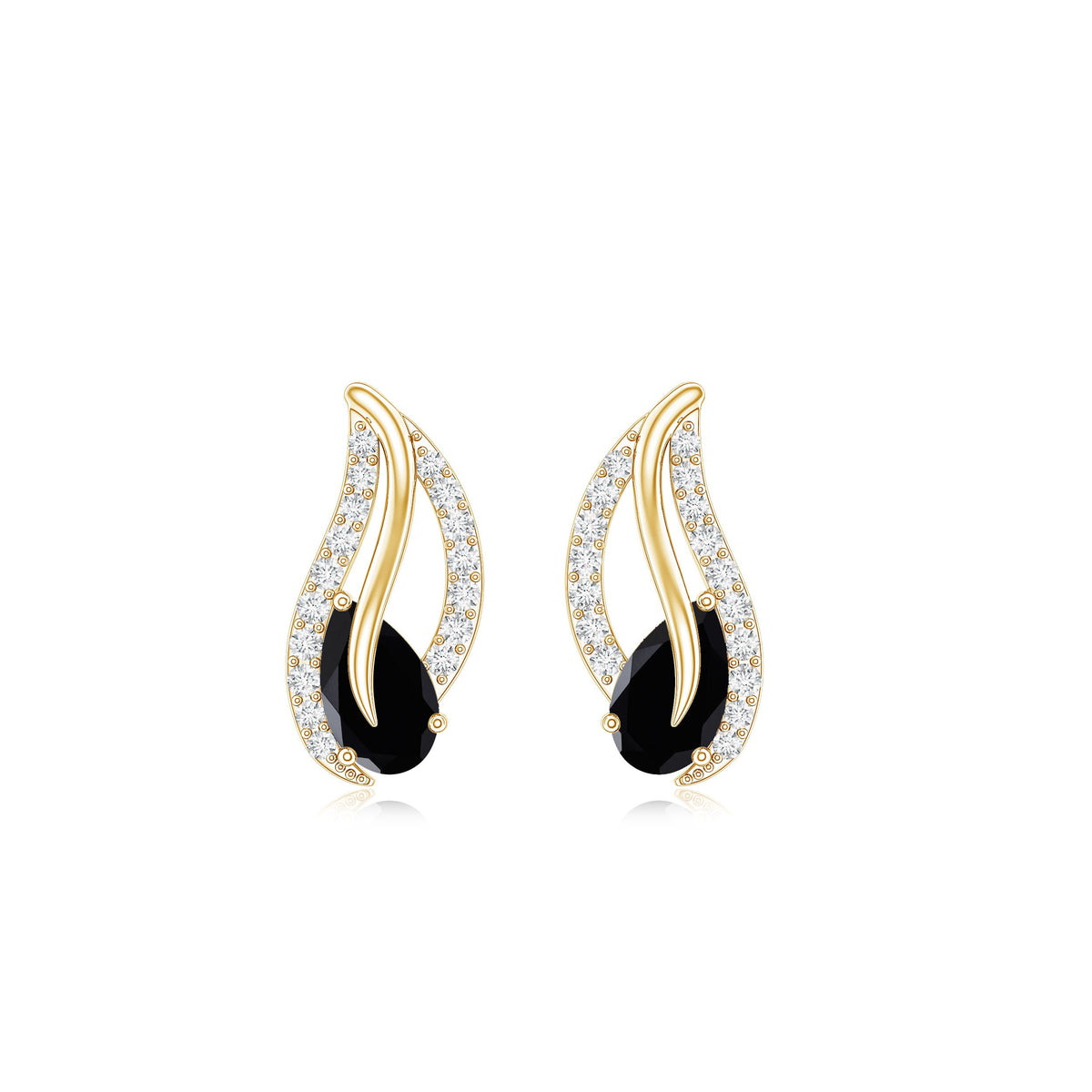 Pear shape black spinel and diamond leaf stud earrings by Rosec Jewels, featuring elegant black gemstones and sparkling diamond accents.