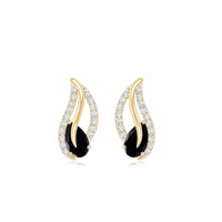 Pear shape black spinel and diamond leaf stud earrings by Rosec Jewels, featuring elegant black gemstones and sparkling diamond accents.