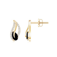 Pear-shaped black spinel and diamond leaf stud earrings by Rosec Jewels, featuring elegant gemstone and metal details.
