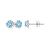 Real aquamarine infinity stud earrings by Rosec Jewels featuring sparkling blue gemstones and silver settings.