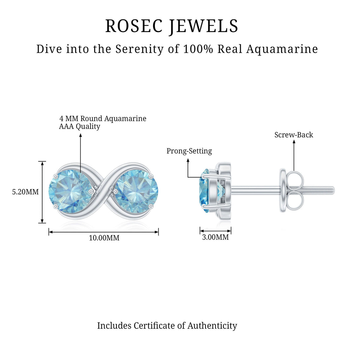 Pair of Rosec Jewels real aquamarine infinity stud earrings with sparkling blue gemstones on silver posts