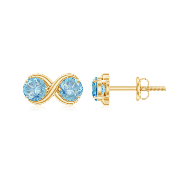 Rosec Jewels real aquamarine infinity stud earrings featuring sparkling blue gemstones on silver posts.