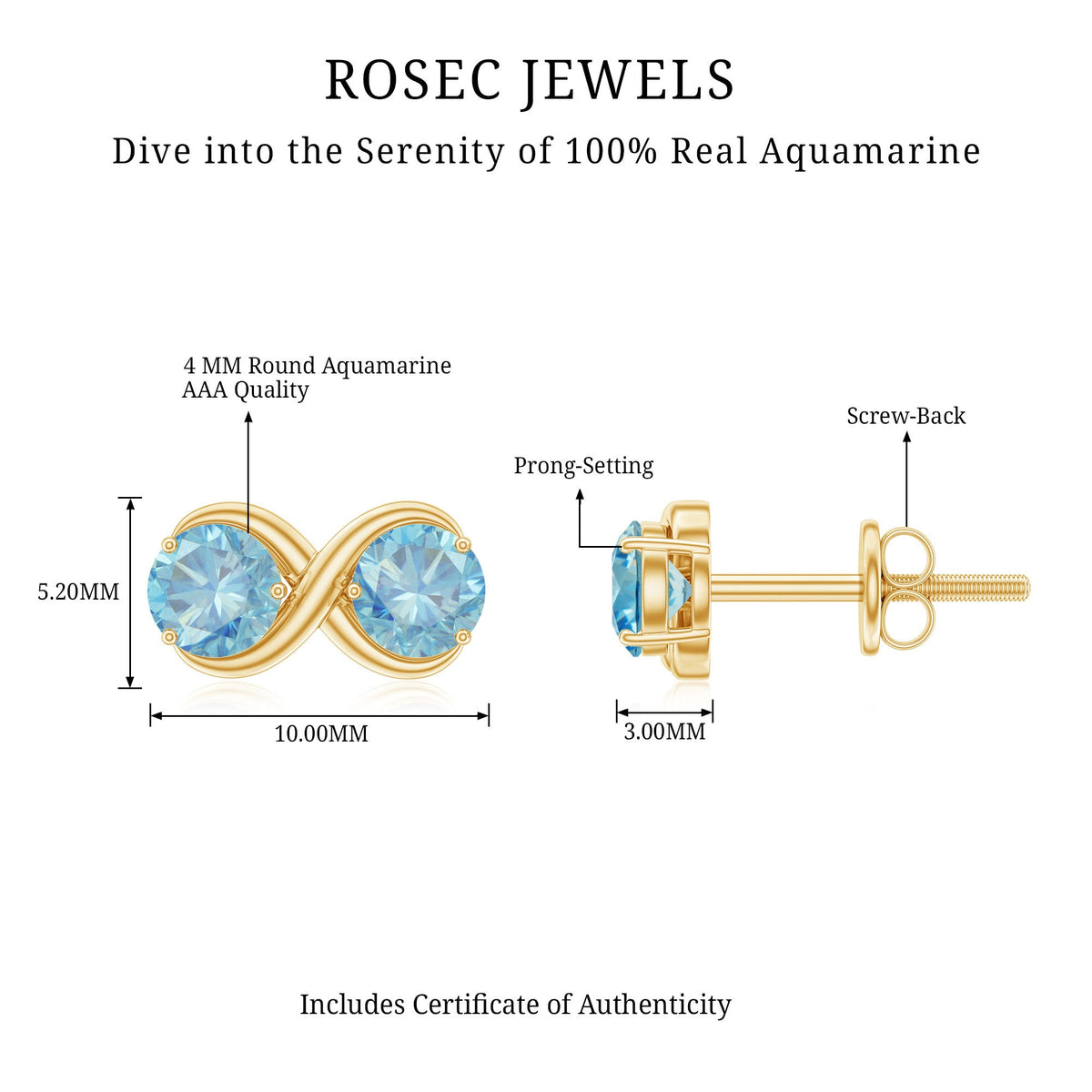 Real aquamarine infinity stud earrings by Rosec Jewels featuring sparkling aquamarine gemstones on silver studs.