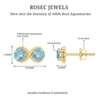 Real aquamarine infinity stud earrings by Rosec Jewels featuring sparkling aquamarine gemstones on silver studs.