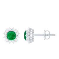 Rosec Jewels classic emerald stud earrings with diamond halo, showcasing sparkling green emeralds and shimmering diamond accents.