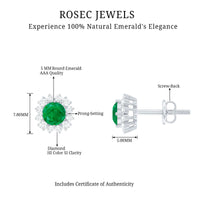 Rosec Jewels classic emerald stud earrings with diamond halo, featuring sparkling green emeralds and shimmering diamond accents.