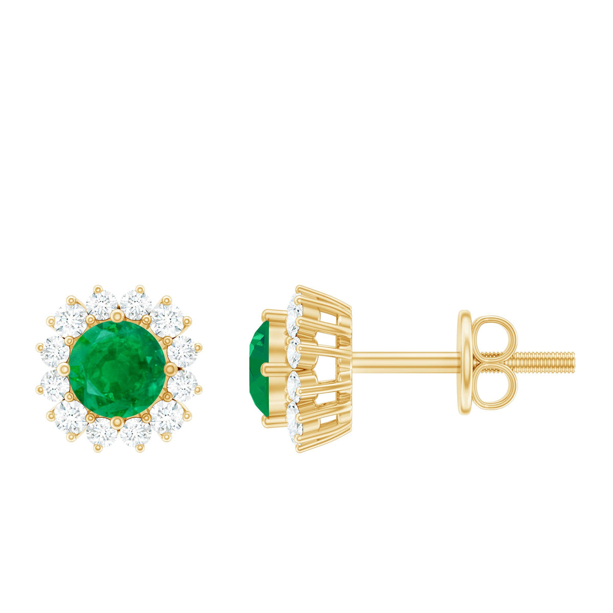 Rosec Jewels classic emerald stud earrings with diamond halo, showcasing sparkling green gemstones and elegant design.