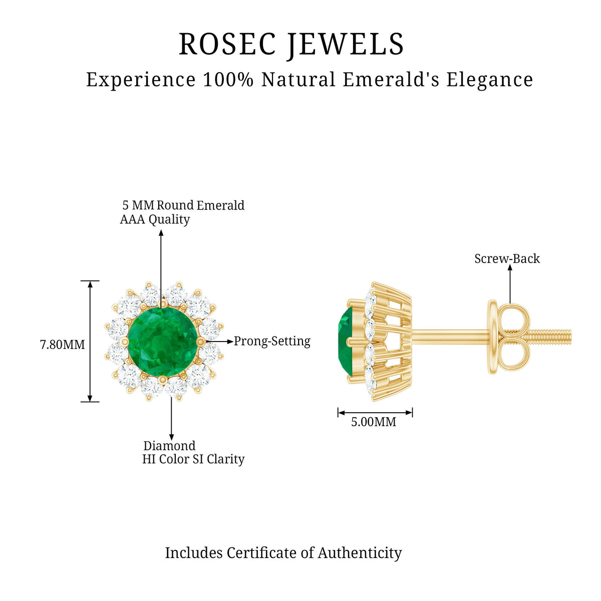 Rosec Jewels classic emerald stud earrings with diamond halo, featuring sparkling emerald gemstones and a delicate diamond surround.