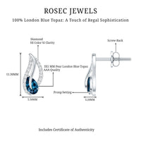 Pear-shaped London Blue Topaz and diamond leaf stud earrings by Rosec Jewels, featuring elegant blue gemstones and sparkling accents.