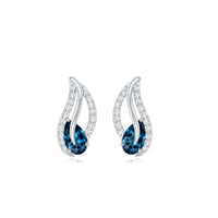 Pear shape London Blue Topaz and diamond leaf stud earrings by Rosec Jewels featuring blue gemstones and sparkling accents