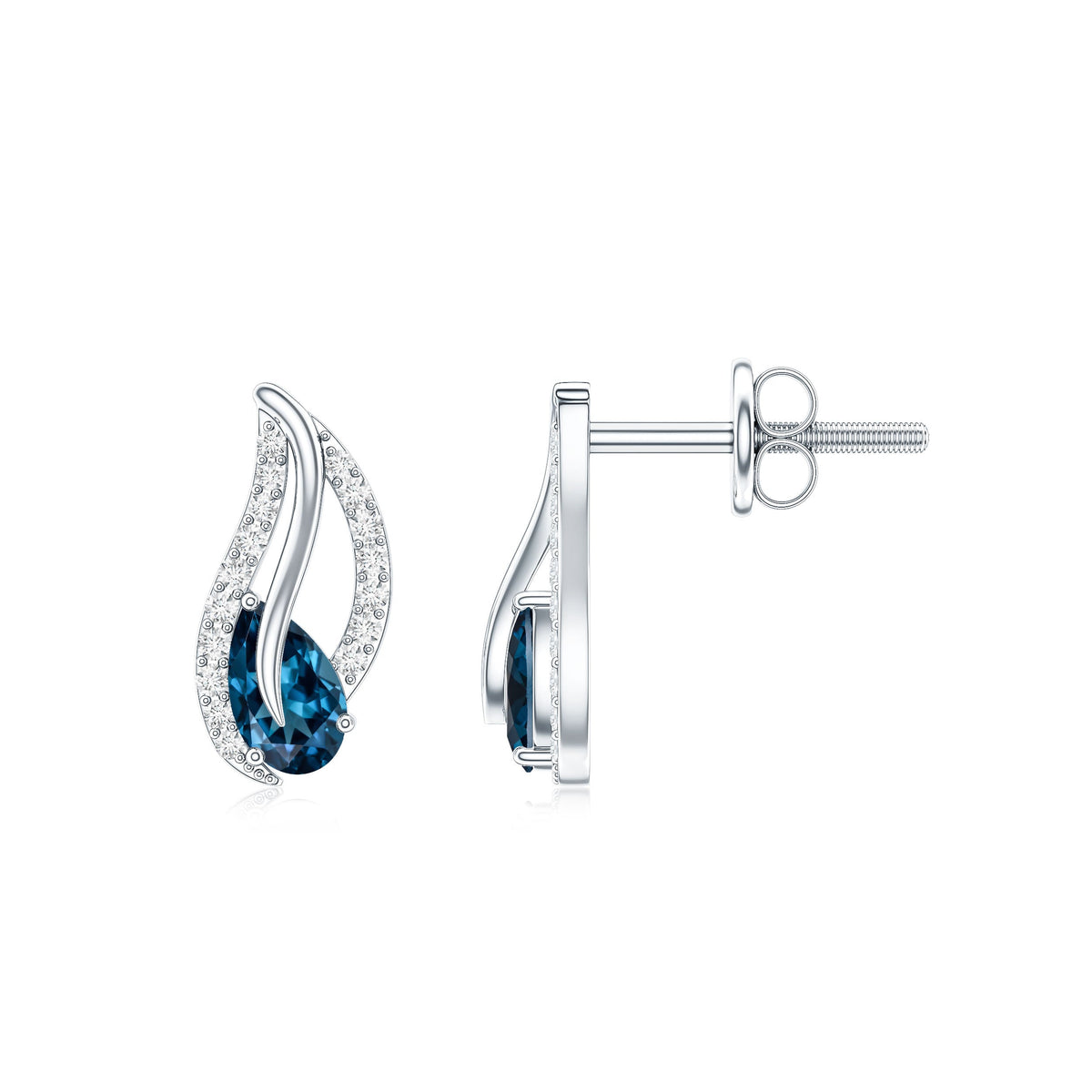 Pear-shaped London Blue Topaz and diamond leaf stud earrings by Rosec Jewels, featuring elegant blue gemstones and sparkling accents.