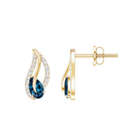 Pear-shaped London Blue Topaz and diamond leaf stud earrings by Rosec Jewels featuring elegant gemstone and diamond detailing.