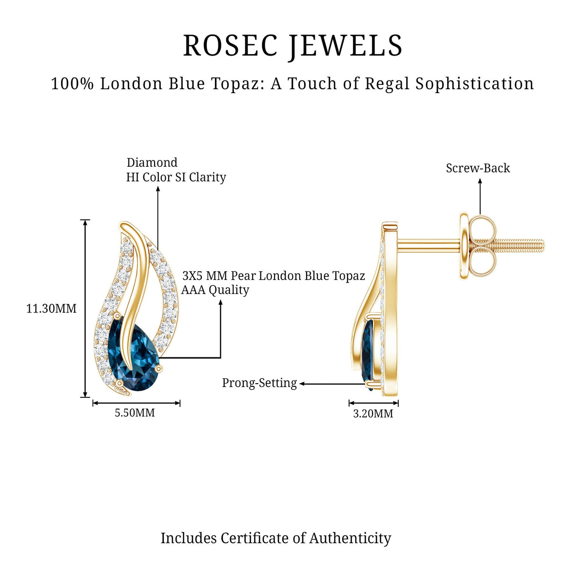 Pear-shaped London Blue Topaz and diamond leaf stud earrings by Rosec Jewels, showcasing elegant gemstone and diamond details.