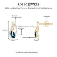 Pear-shaped London Blue Topaz and diamond leaf stud earrings by Rosec Jewels, showcasing elegant gemstone and diamond details.