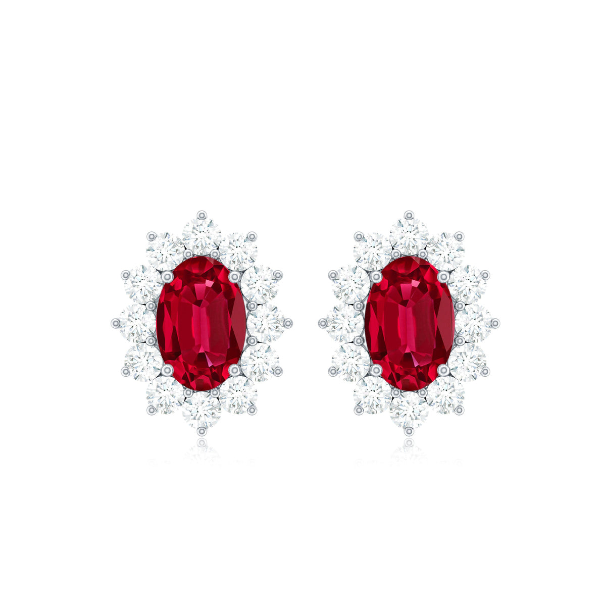 Oval Shape Lab Created Ruby and Diamond Halo Stud Earrings