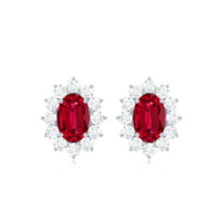 Oval Shape Lab Created Ruby and Diamond Halo Stud Earrings