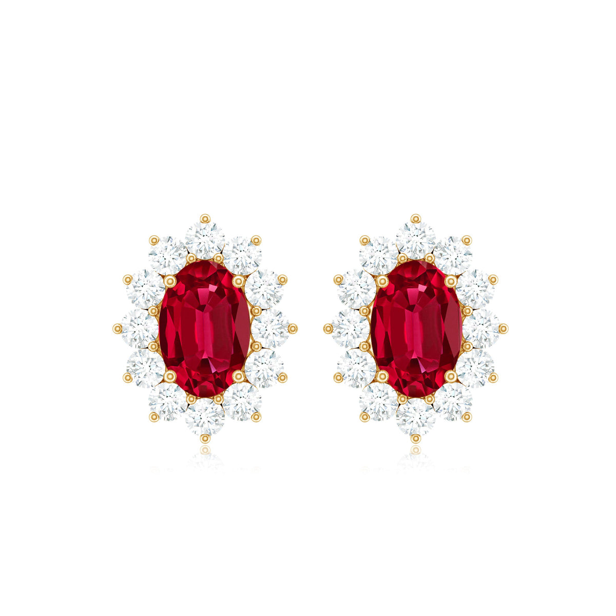 Oval Shape Lab Created Ruby and Diamond Halo Stud Earrings