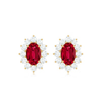 Oval Shape Lab Created Ruby and Diamond Halo Stud Earrings