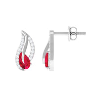 Pear Shape Lab Created Ruby and Diamond Leaf Stud Earrings