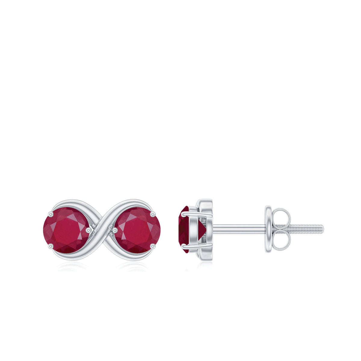 Simple ruby two-stone infinity stud earrings by Rosec Jewels featuring elegant design with sparkling red rubies set in silver.