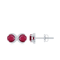 Simple ruby two-stone infinity stud earrings by Rosec Jewels featuring elegant design with sparkling red rubies set in silver.