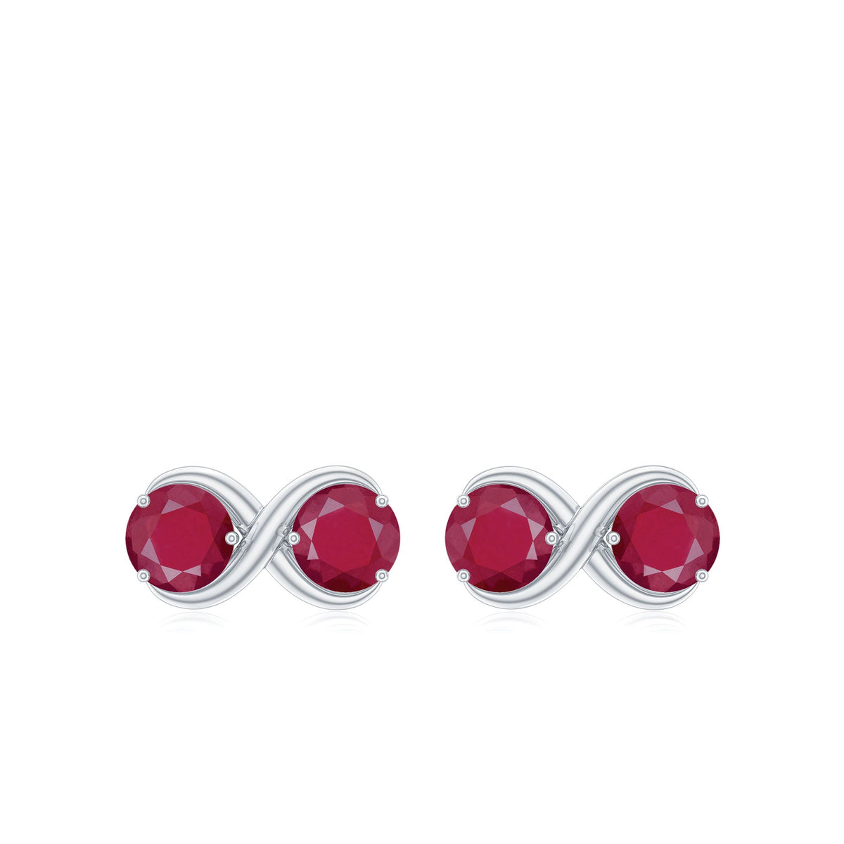 Simple ruby two-stone infinity stud earrings by Rosec Jewels featuring sparkling red rubies and silver-toned setting.