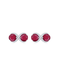 Simple ruby two-stone infinity stud earrings by Rosec Jewels featuring sparkling red rubies and silver-toned setting.