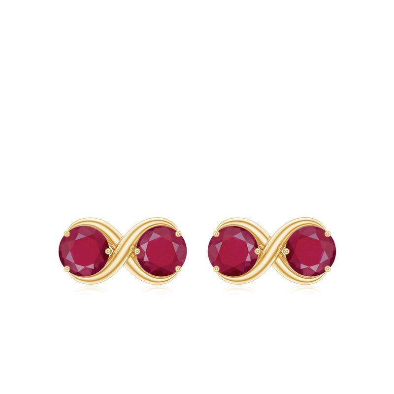 Simple ruby two-stone infinity stud earrings from Rosec Jewels featuring delicate infinity design and sparkling ruby accents.