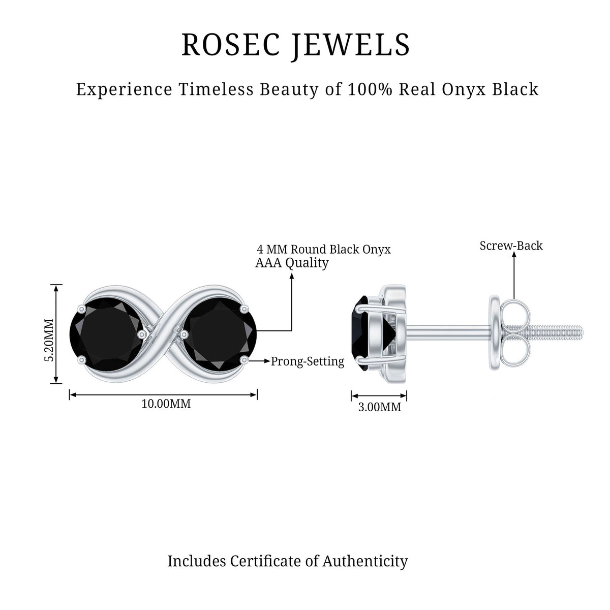 Natural black onyx infinity earrings with screw back from Rosec Jewels, showcasing sleek design and polished finish.