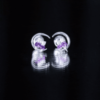 Natural Amethyst and Diamond Cat on Moon Stud Earrings