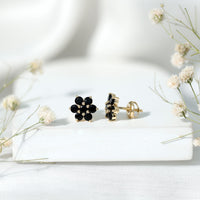 Genuine Black Onyx Flower Cluster Stud Earrings