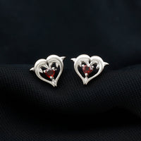 Heart Shape Garnet Kissing Dolphin Stud Earrings