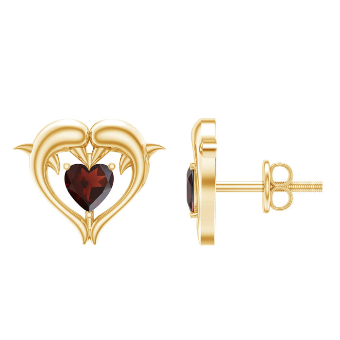 Heart-shaped garnet dolphin stud earrings by Rosec Jewels featuring red garnet accents and silver dolphin designs.