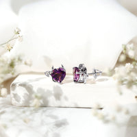 Heart Shape Amethyst and Diamond Gothic Stud Earrings