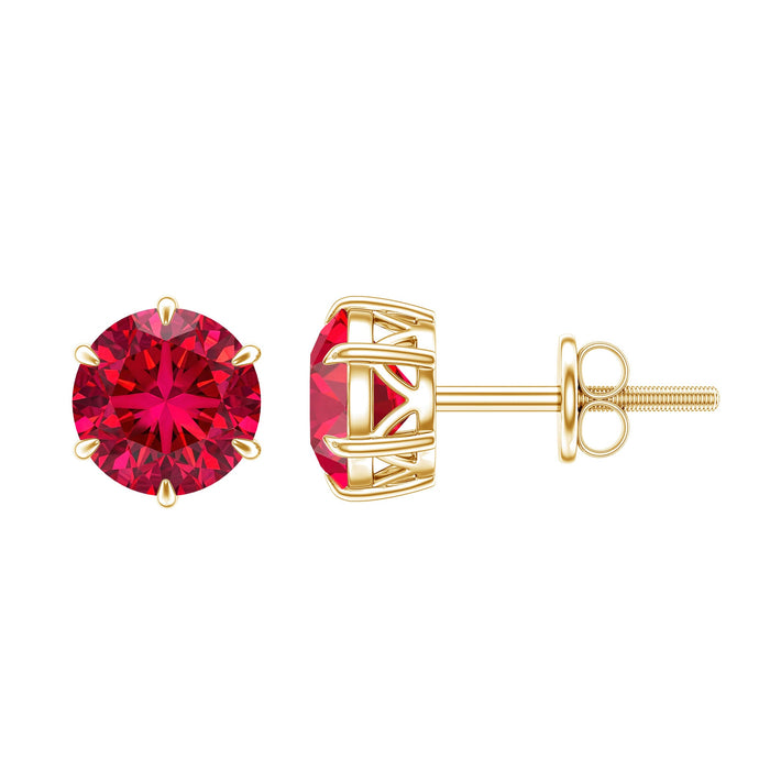Round cut 2.7 carat lab-created ruby solitaire stud earrings by Rosec Jewels, showcasing sparkling red gemstones on classic posts.