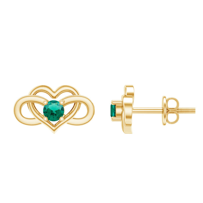 Lab grown emerald infinity heart stud earrings by Rosec Jewels featuring vibrant green emeralds and delicate infinity heart design.