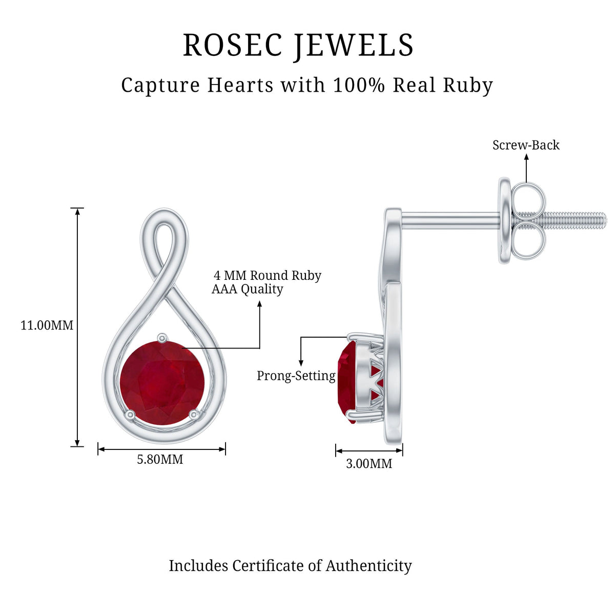 Rosec Jewels 1/2 ct solitaire ruby infinity stud earrings with sparkling rubies and elegant design.