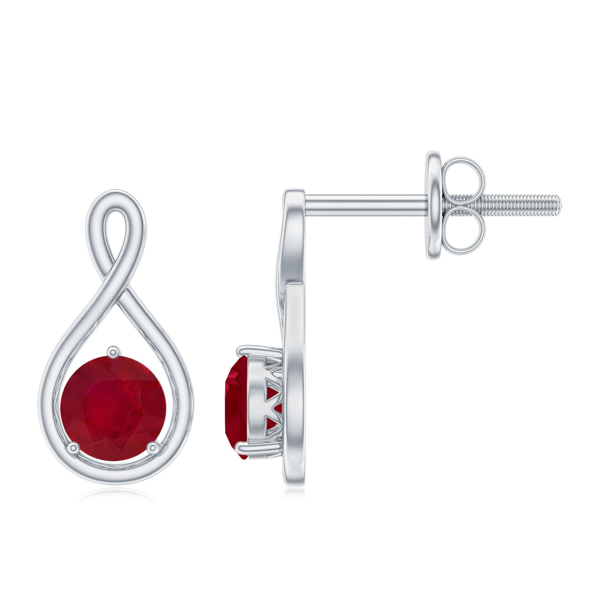 Rosec Jewels 1/2 CT solitaire ruby infinity stud earrings with sparkling ruby stones on sterling silver posts.