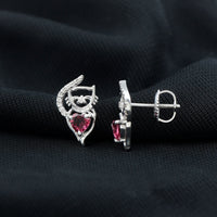 Heart Shape Pink Tourmaline and Diamond Cat Stud Earring