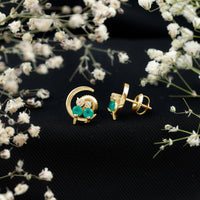 Genuine Emerald and Diamond Cat and Moon Stud Earrings