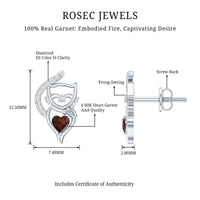 Heart Shape Garnet and Diamond Cat Stud Earrings