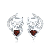 Heart Shape Garnet and Diamond Cat Stud Earrings