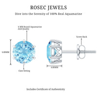 1.6 Carat Round Aquamarine Solitaire Stud Earrings