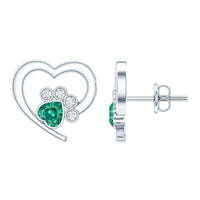 Lab-created emerald and moissanite heart paw stud earrings by Rosec Jewels with sparkling gemstones on silver posts.