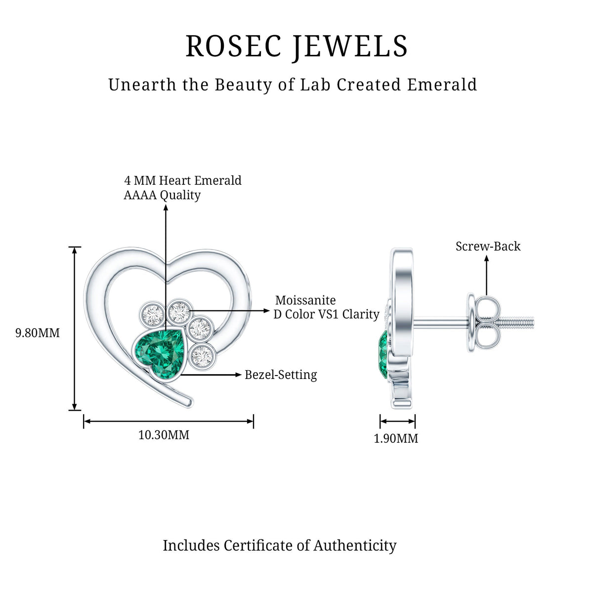 Lab-created emerald and moissanite heart paw stud earrings by Rosec Jewels, featuring sparkling green gemstones and unique paw design.