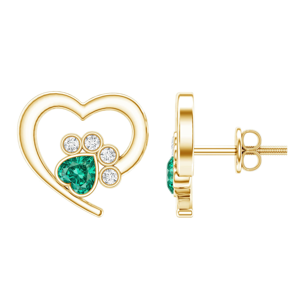 Lab-created emerald and moissanite heart paw stud earrings by Rosec Jewels featuring sparkling gemstones and gold setting.