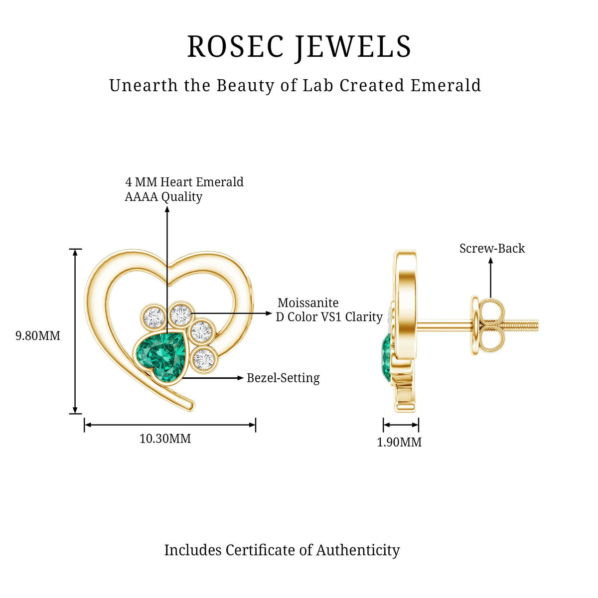 Lab-created emerald and moissanite heart paw stud earrings by Rosec Jewels featuring sparkling gemstones and paw-shaped design.